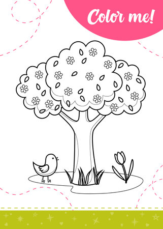 Coloring page for kids with blooming tree, flowers and chick. A printable worksheet, vector illustration.のイラスト素材
