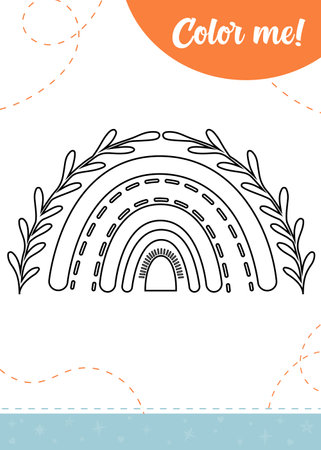 Coloring page for kids with cute decorative boho rainbow. A printable worksheet, vector illustration.のイラスト素材