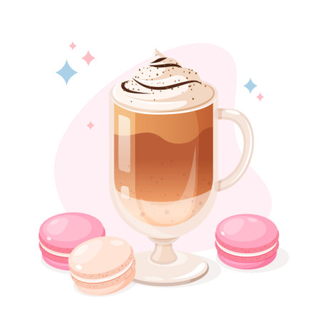 Composition of a coffee cup and colorful macaroons.のイラスト素材