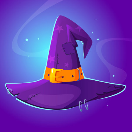 Magic witch hat with buckle on white background. Accessory for Halloween party, children's holiday, themed birthday.のイラスト素材