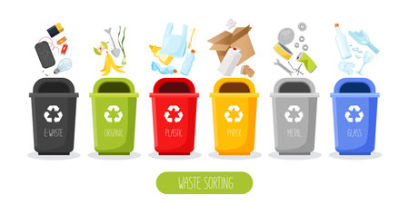 Set of containers with sorted garbage. Different types of garbage: organic, metal, plastic, paper, glass, and e-waste. Zero waste conceptのイラスト素材