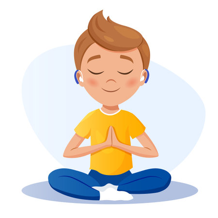 Cute cartoon boy character with hearing aid practicing yoga. Healthy lifestyle concept.のイラスト素材