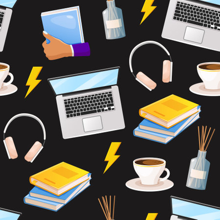 Vector seamless pattern with working elements includes laptop, books, headphones, cup of tea, etc.のイラスト素材
