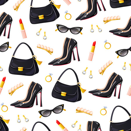 Vector seamless pattern with stylish girl's things includes golden jewelries, lipstick,fashionable sunglasses and black classic high heel shoes.のイラスト素材
