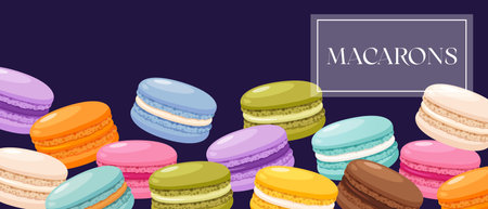 Bright background with colorful macarons dessert on purple background with label.のイラスト素材