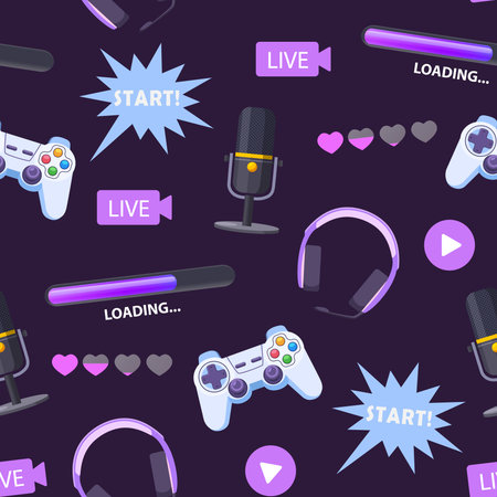 Cartoon gamer elements seamless pattern with different modern electronic gadgets.