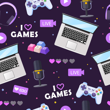 Cartoon gamer elements seamless pattern with different modern electronic gadgets.のイラスト素材