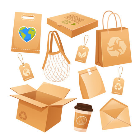 Empty eco package set includes paper containers, boxes, takeaway glasses, eco labels, etc.のイラスト素材