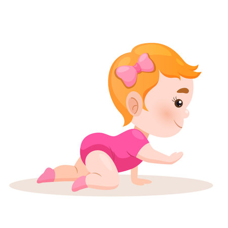 Crawling little girl with ginger hair in cute pink clothes with socks and bow on hair.のイラスト素材