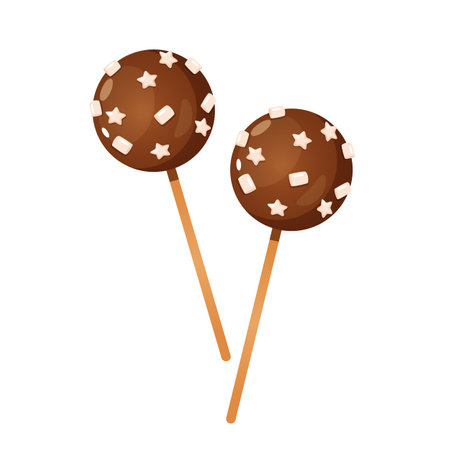 Yummy chooclate lollipops on stick decorated tiny marshmellows and chocolate stars from white chocolate isolated on white background.のイラスト素材