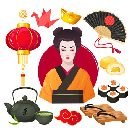 Japanese national cultural symbols with Chinese fan, lantern, national food and drinks, different accessories.のイラスト素材