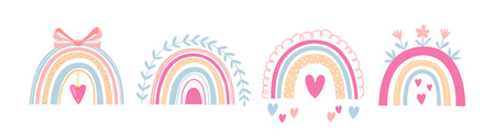 Vector cartoon boho rainbows collection in pink colors isolated on white background.のイラスト素材