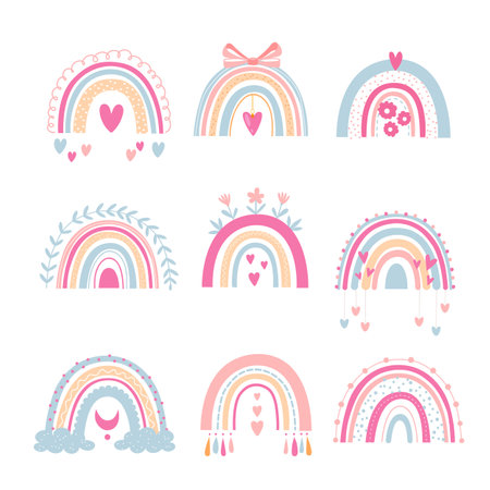 Vector hand-drawn boho rainbows collection in pink colors isolated on white background.のイラスト素材