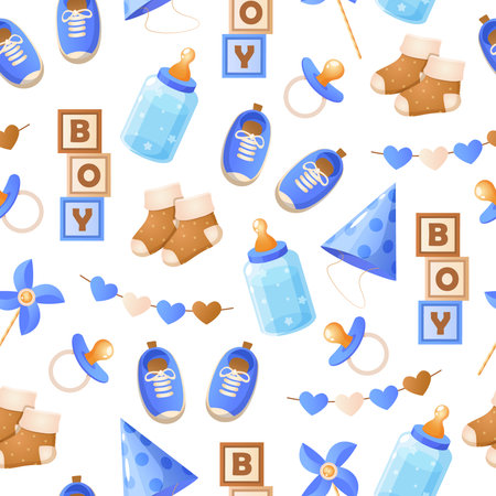 Baby boy elements seamless pattern with kids clothes,toys,birthday elements,etc.のイラスト素材