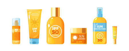 Sunscreen cosmetic bottles varieties isolated on white background.