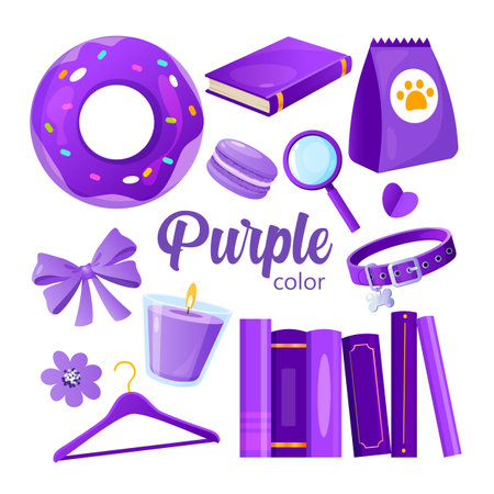 Icons collection in purple color includes different objects isolated on white background.のイラスト素材