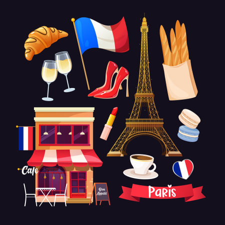 Welcome to France icons collection with Eiffel tower, street cafe, different fashion elements, sweets, coffee, etc.のイラスト素材