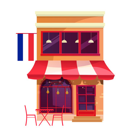 Parisian cafe exterior with table and chair outside isolated on white background.のイラスト素材