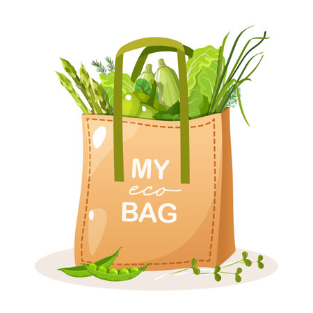 Paper bag with organic,fresh and natural vegetables includes zucchini, green onion bunch,asparagus, bell pepper, microgreen, green peas, different herbs, etc.のイラスト素材