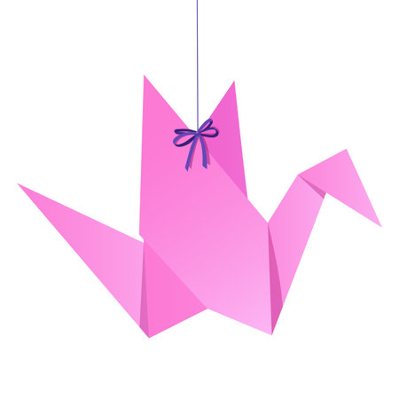 Japanese origami paper bird hanging on colorful bow.のイラスト素材
