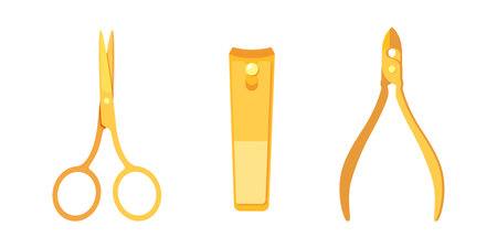 Golden manicure tools collection for nail master isolated on white background.のイラスト素材
