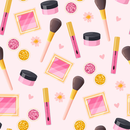Vector seamless pattern with make up elements includes brushes,lip gloss etc.のイラスト素材