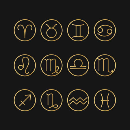 Collection of golden linear zodiac signs isolated on dark background.のイラスト素材