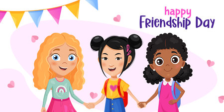 Cartoon vector poster for Friendship Day with three happy girlfriends, colorful garland behind and lettering.のイラスト素材