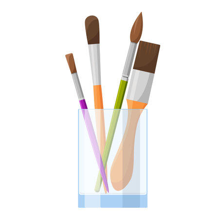 Professional painting brushes in glass cup isolated on white background.のイラスト素材
