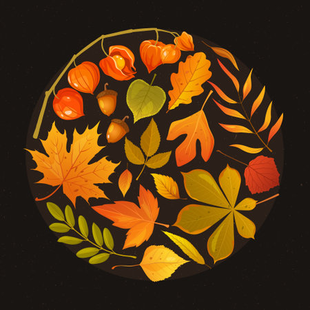 Cartoon autumn plants includes aspen leaves, birch, maple, pecan, oak, rowan, sassafras, willow, physalis etc in round frame.のイラスト素材