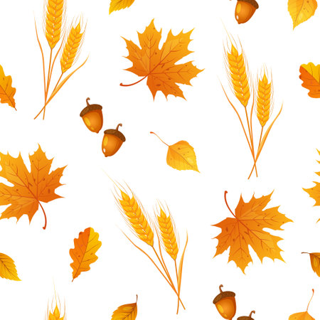 Autumn seamless pattern with seasonal leaves such as maple and oak leaves, acorns, ears of wheat etc.のイラスト素材
