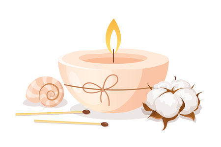 Burning scented candle with fluffy cotton flower, shell and matches for home decoration and relaxing.のイラスト素材