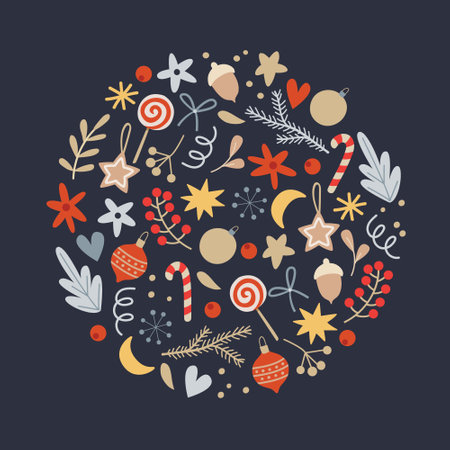 Winter decorative Christmas circle frame isolated on dark background.のイラスト素材