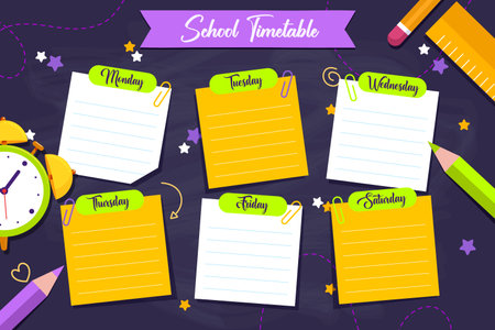 Weekly school timetable template with cartoon school objects and symbols on dark backgroundのイラスト素材