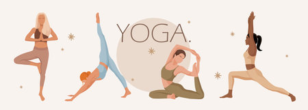 Set of young sports girls doing yoga exercises. Healthy style conceptのイラスト素材