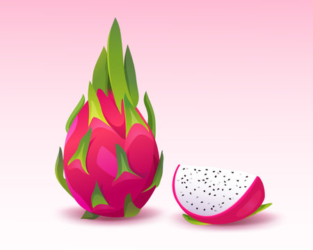 Fresh whole and cut a slice of dragon fruits (pitaya) isolated on white backgroundのイラスト素材