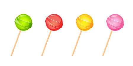 Cartoon sweet rounded lollipops on stick with different fruits flavors.のイラスト素材