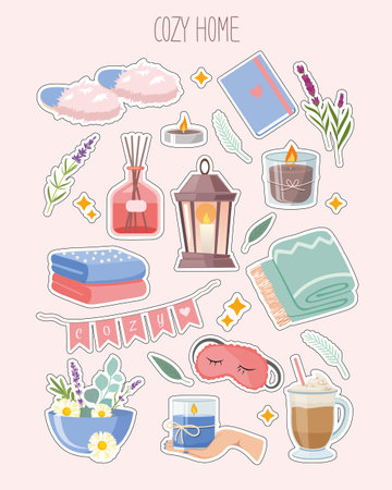 Cozy home stickers with cute, coziness things and objects for home interior.のイラスト素材