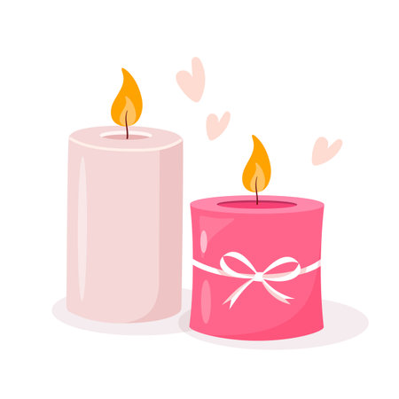 Vector cozy flaming candles in pink colors with flying hearts isolated on white background.のイラスト素材
