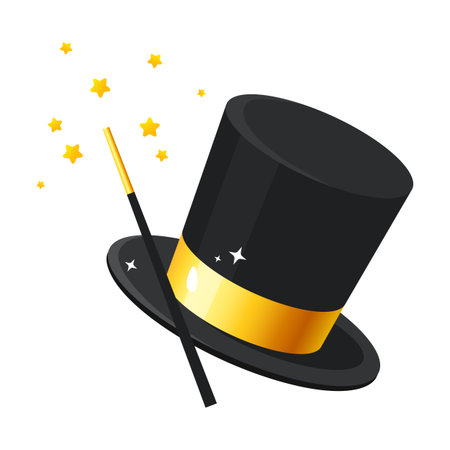 Vector illustration of magic hat and wand isolated on white background.のイラスト素材