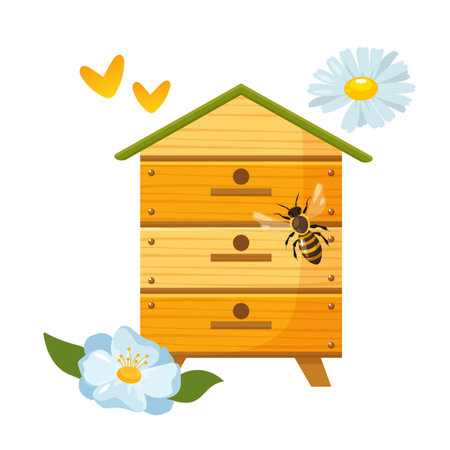Wooden hive with blooming flowers and bee isolated on white background.のイラスト素材