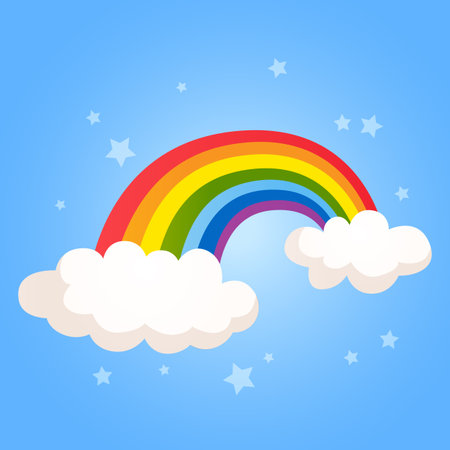 Cartoon vector colorful rainbow with clouds and decorative stars shape isolated on white background.のイラスト素材