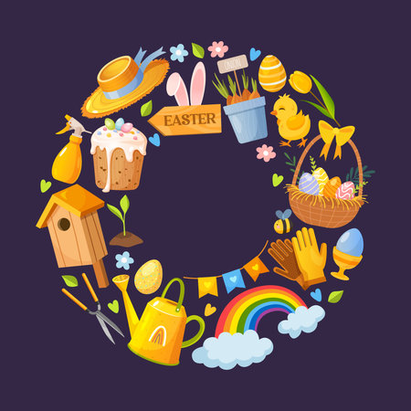 Vector cartoon collection of Easter symbols in circle shape includes colorful painted eggs, Easter cake, spring flowers, birds feeder, rainbow, watering can and another symbolsのイラスト素材