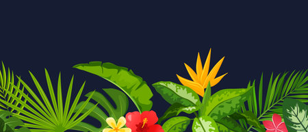 Vector cartoon background of tropical leaves and blooming flowers isolated on dark background.のイラスト素材