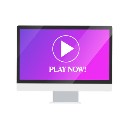 Gaming monitor with gradient picture on screen and Text Play now isolated on white background.のイラスト素材