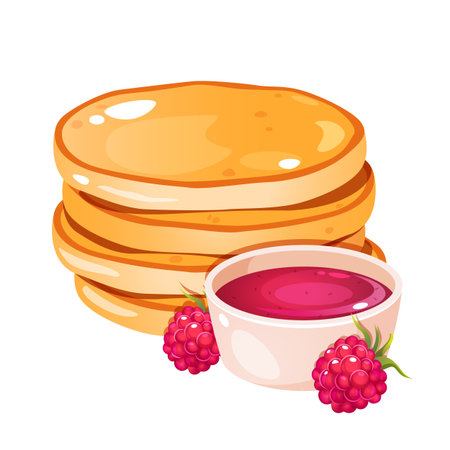 Vector illustration of pancake stack with raspberry jam and whole berries isolated on white background.のイラスト素材