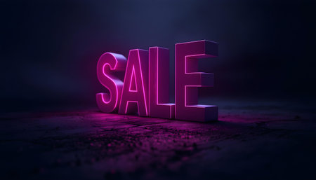 3d lettering Sale in neon purple color stand on dark purple stone background.の写真素材