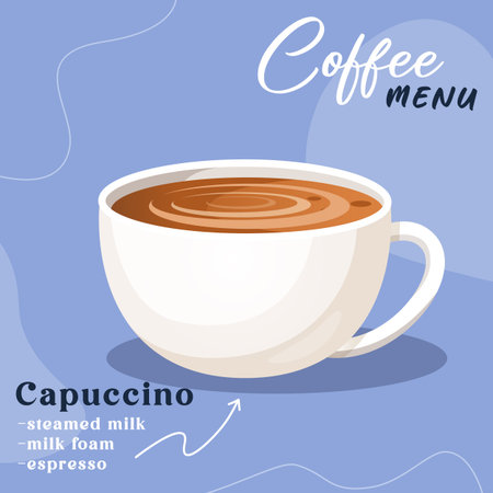 Tasty aromatic Capuccino Coffee glass cup. Beverage cafe menu design.のイラスト素材