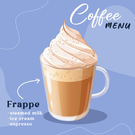 Tasty aromatic Frappe coffee glass cup. Beverage cafe menu design.のイラスト素材