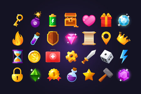 Vector cartoon game icons includes battery,precious gems, golden coins, gift boxes, sword, first aid kit,lock,hourglass, crown, scroll isolated onw gradient purple background.のイラスト素材
